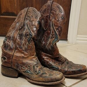 Brown and Green Heeled Boots